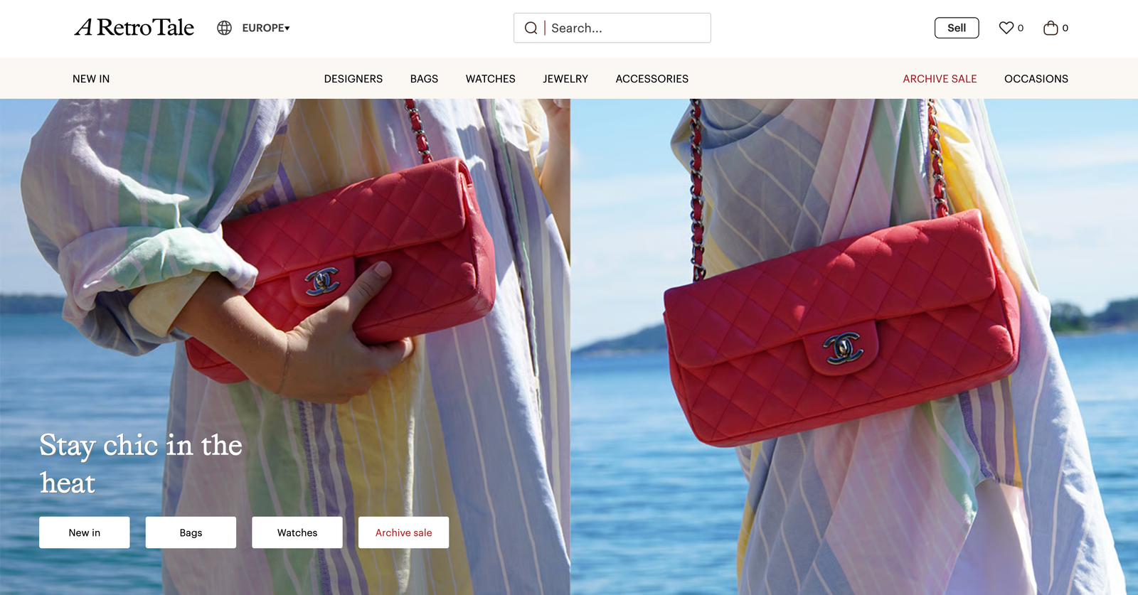 A Retro Tale luxury fashion resale ecommerce storefront with navigation, search, product categories and seasonal campaign imagery
