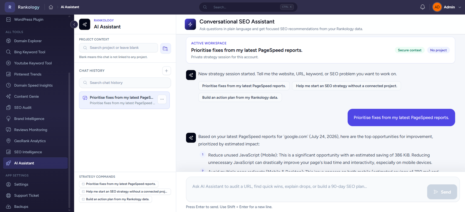 AI Assistant — Conversational SEO help grounded in Rankology account data