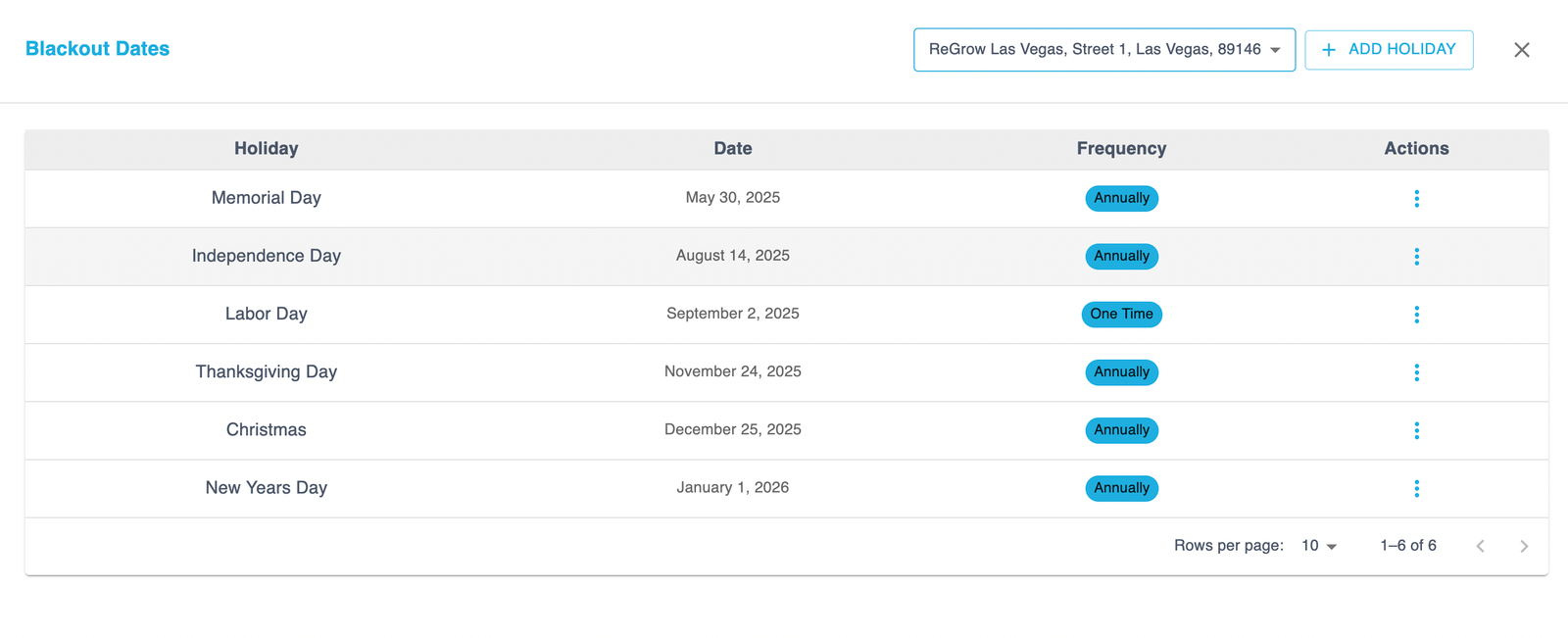 Regrow blackout dates — holiday and unavailable date management by clinic location