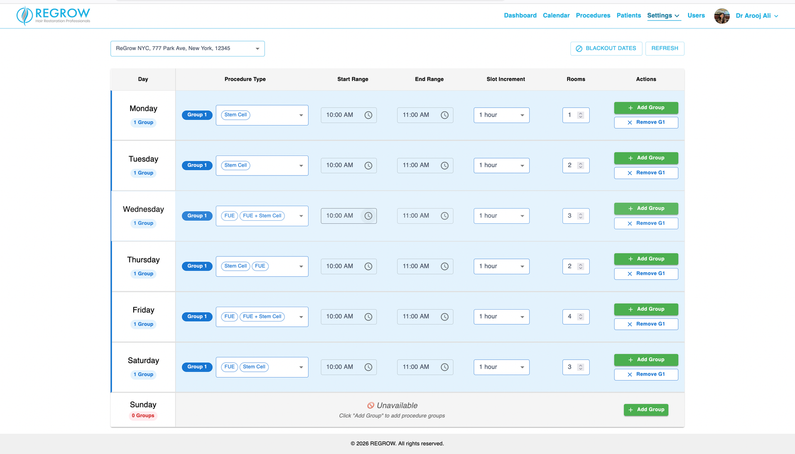 Regrow calendar settings — per-day procedure groups, time ranges, slot increments and room capacity
