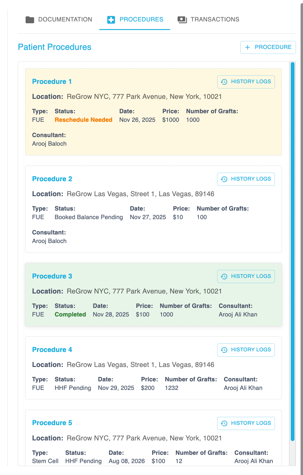 Regrow patient procedures — procedure cards with type, status, date, price, grafts and consultant