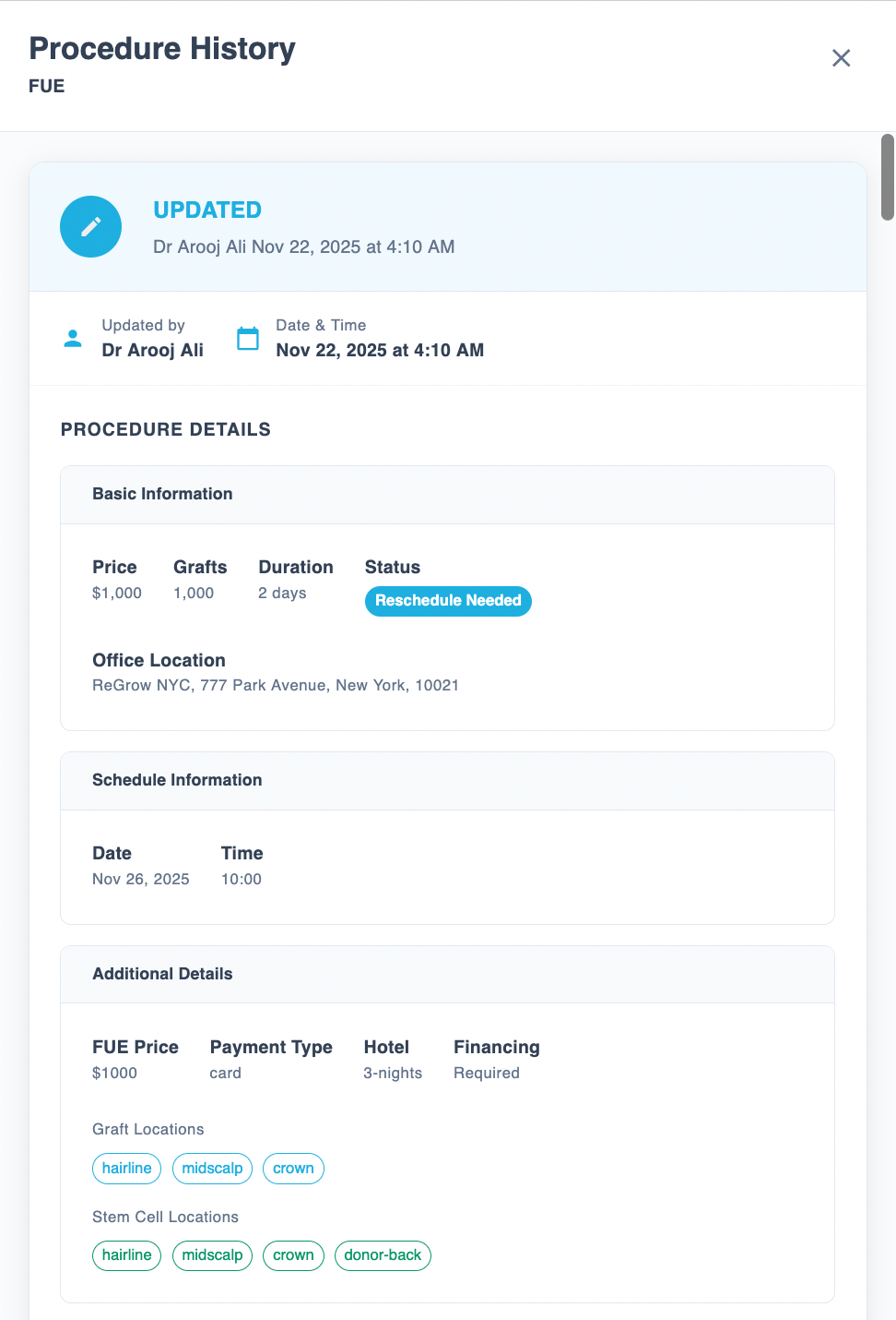Regrow procedure history — audit trail with schedule details, payment type and graft locations